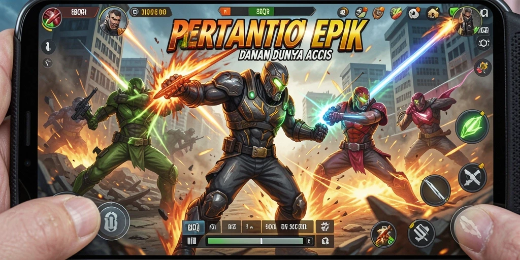 Tampilan screenshot utama 8QR menampilkan aksi pertarungan epik di dunia penuh warna.