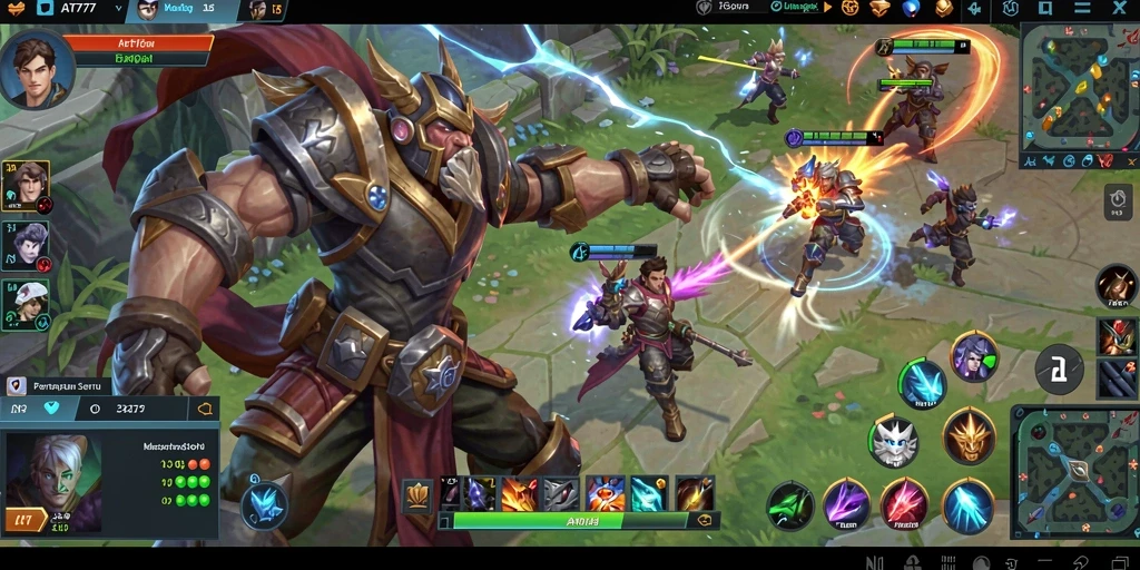 Tangkapan layar AT777 menampilkan pertempuran epik di arena MOBA.