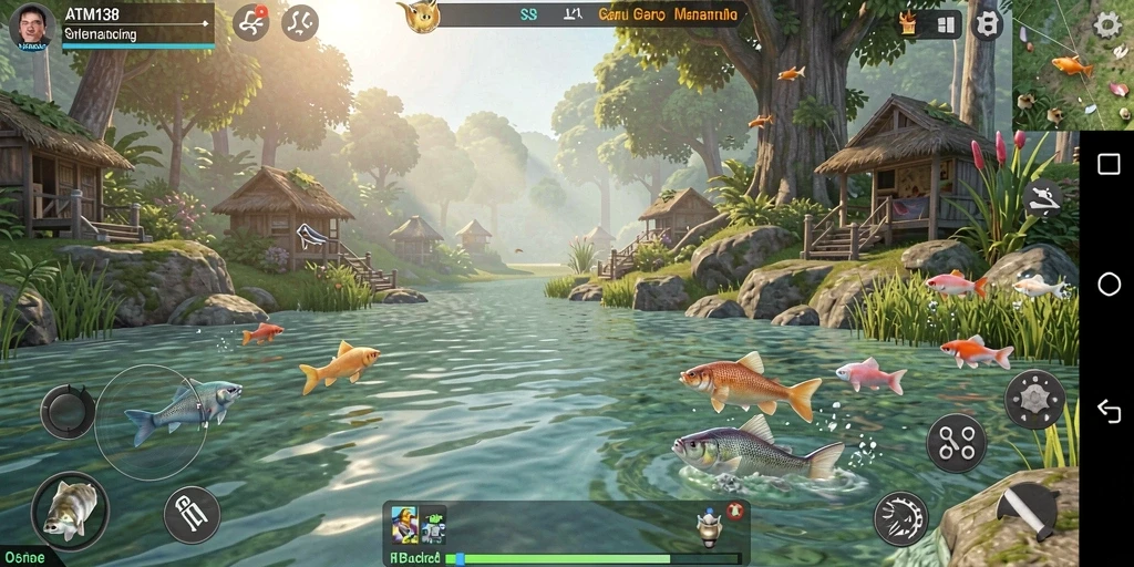 Screenshot gameplay ATM138 menunjukkan aksi memancing yang mendebarkan di lautan.