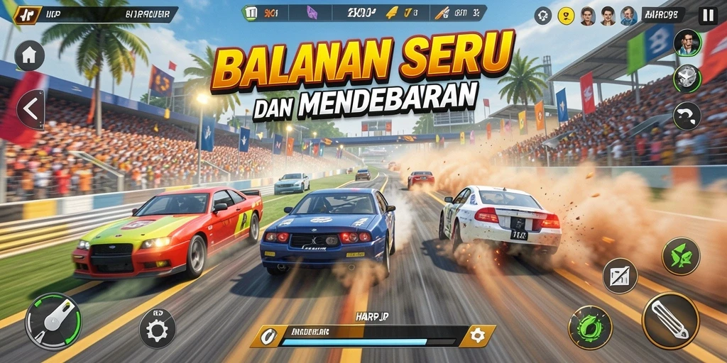 Tangkapan layar menunjukkan aksi balapan seru dari HARAPJP.