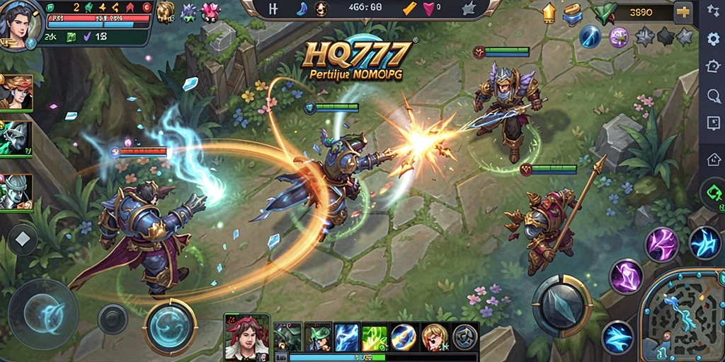 Screenshot menampilkan aksi intens dalam game MMORPG HQ777.