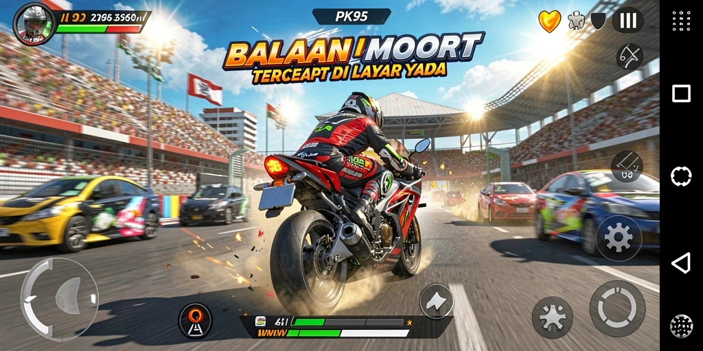 Gameplay PK95 yang mendebarkan dengan balapan motor yang seru.