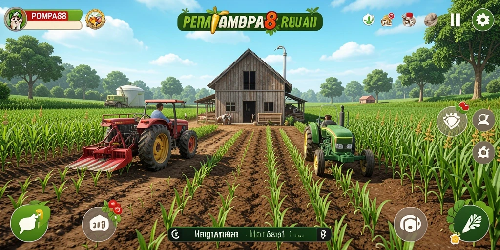 Screenshot menunjukkan petani yang sibuk menanami ladang.